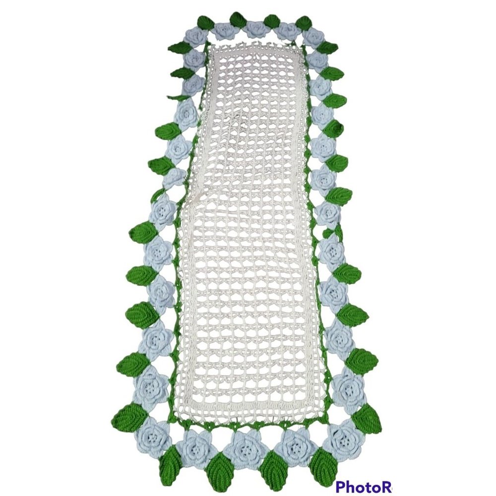 Crochet Cotton  Table Runner Dresser Scarf White Green Blue Flowers 13x34in Vtg